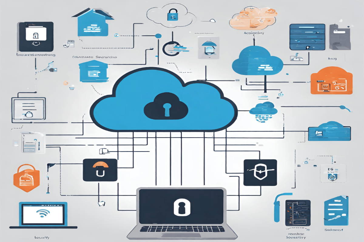 An illustration representing cloud security measures including encryption, access control, security patching, and disaster recovery in cloud storage