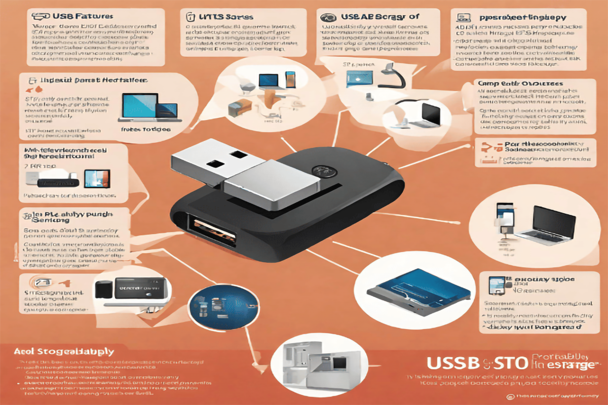 Infographic summarizing the benefits of USB storage, including portability, plug-and-play functionality, and security features