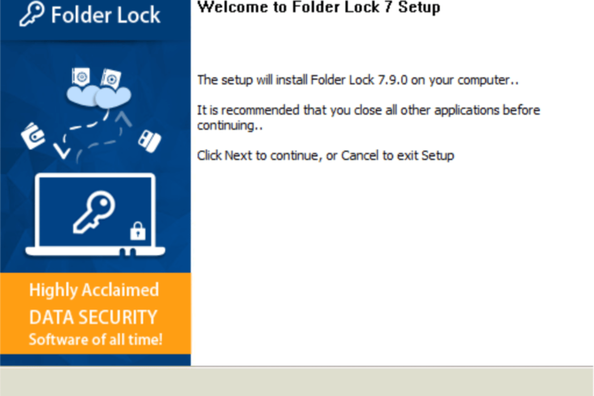 A step-by-step installation wizard guiding the user through the Folder Lock software setup process on a computer screen.