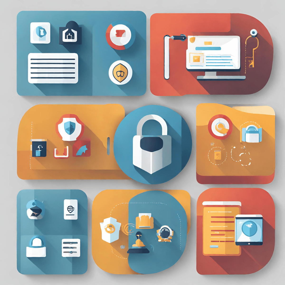Visual icons representing data protection, privacy, compliance, and security