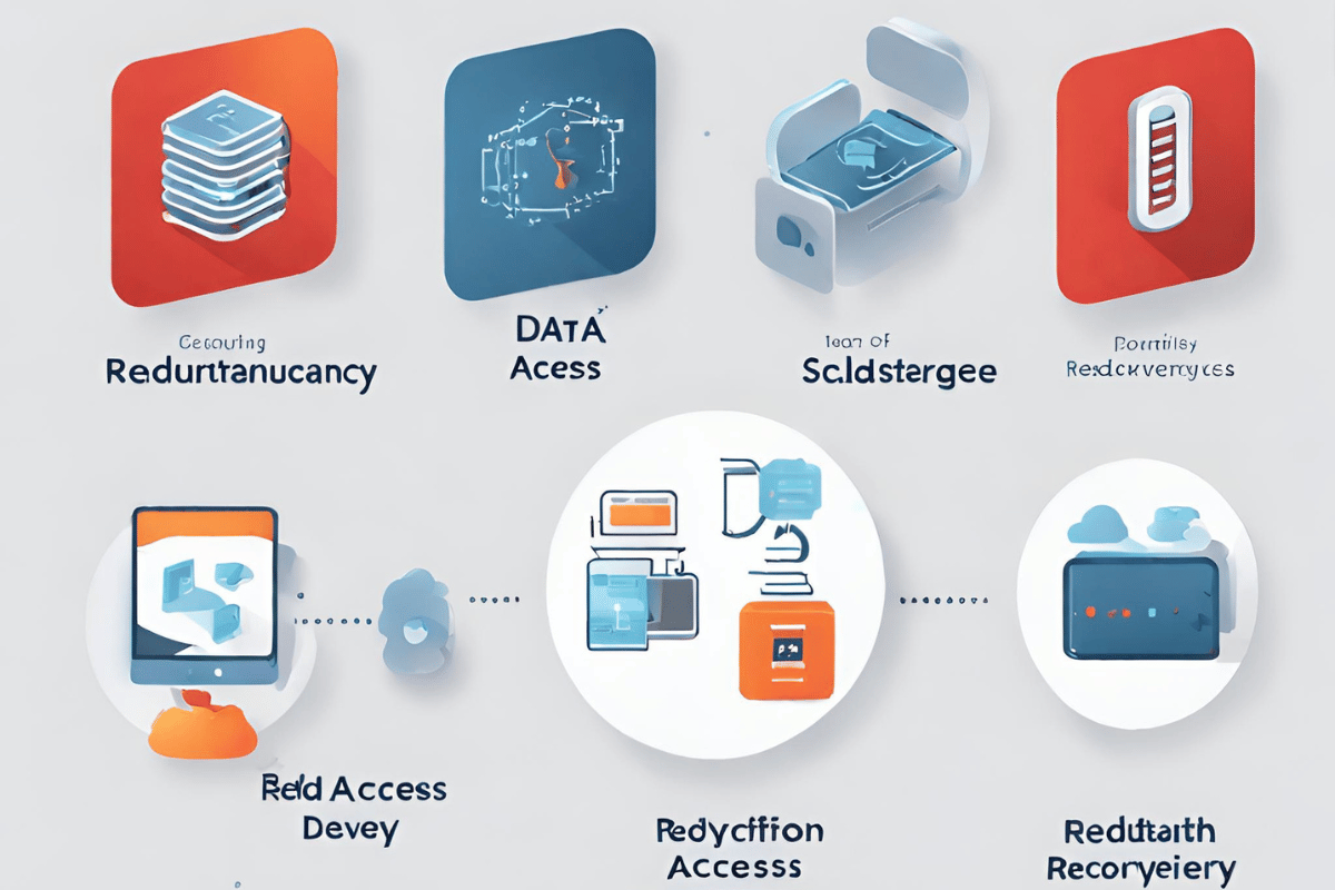 Icons representing key features in data storage: redundancy, encryption, remote access, scalability, and data recovery