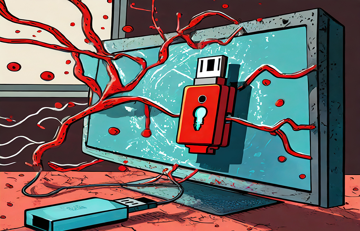 Illustration depicting USB drive connected to an infected computer, symbolizing malware transfer