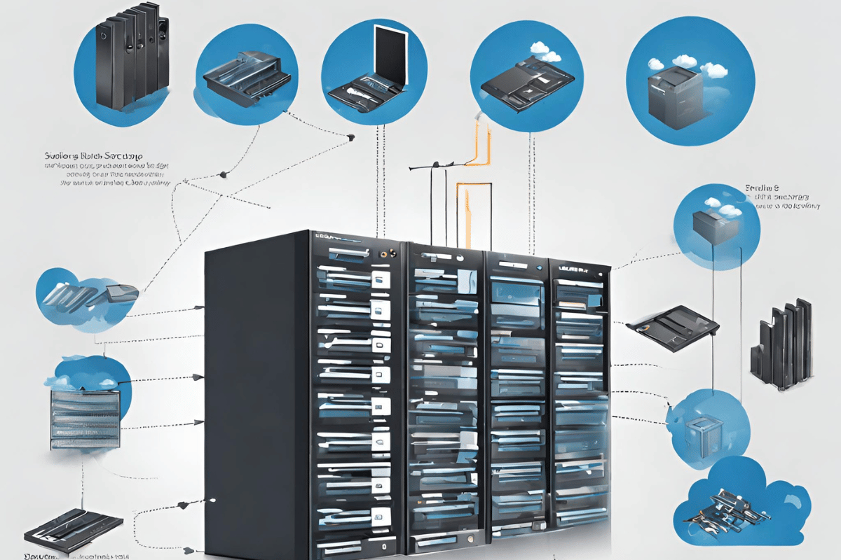 Illustration depicting different data storage media including hard drives, SSDs, and cloud servers