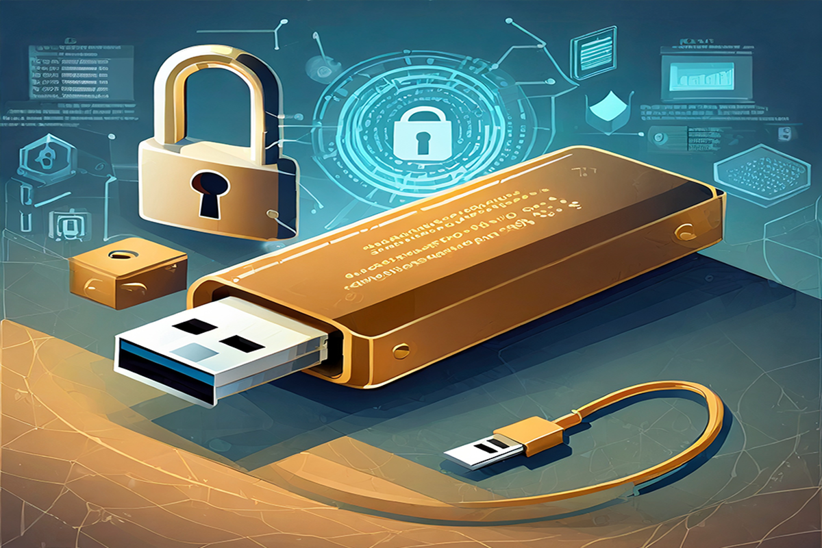 llustration of key security measures for protecting a USB drive, including encryption, USB Block software, disabling Autorun, physical security, and data backup