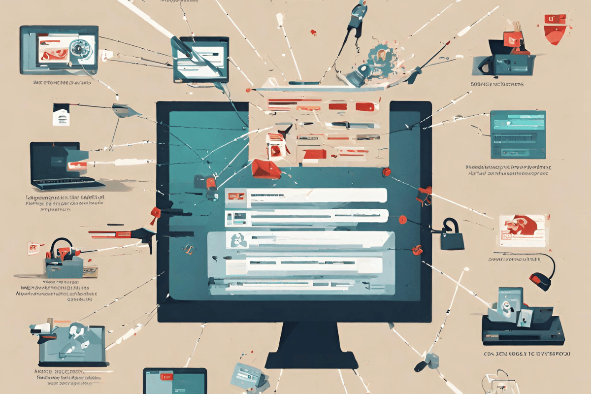 Illustration showing different types of hacking attacks, including phishing, malware, DoS attacks, and more
