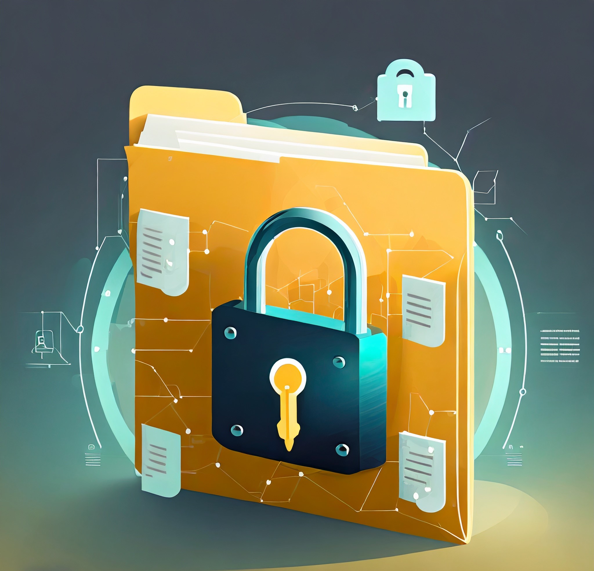 Illustration of Folder Protect Key Features: Password Protection, Hiding Files, Locking Folders, and Encrypting Files.