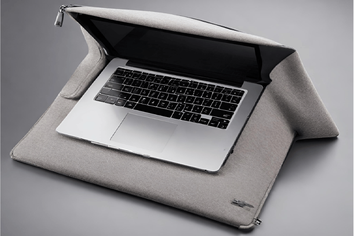 A laptop enclosed in a snug-fitting sleeve for added protection