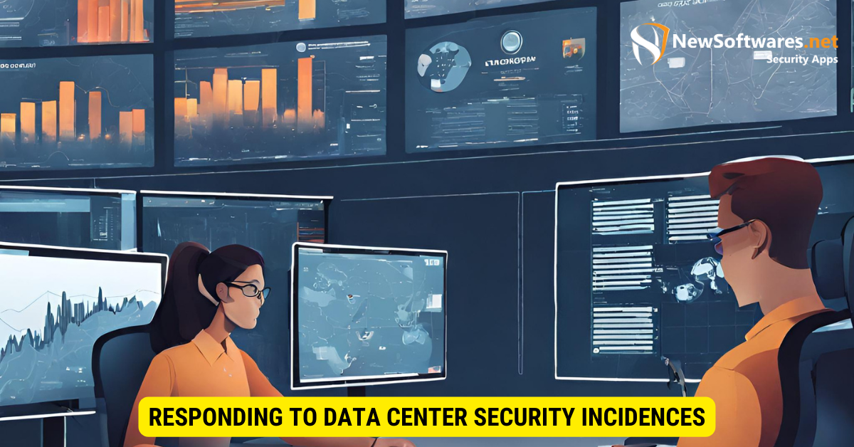 Expert cybersecurity team in a command center with monitors and charts, responding swiftly to data center security incidents.