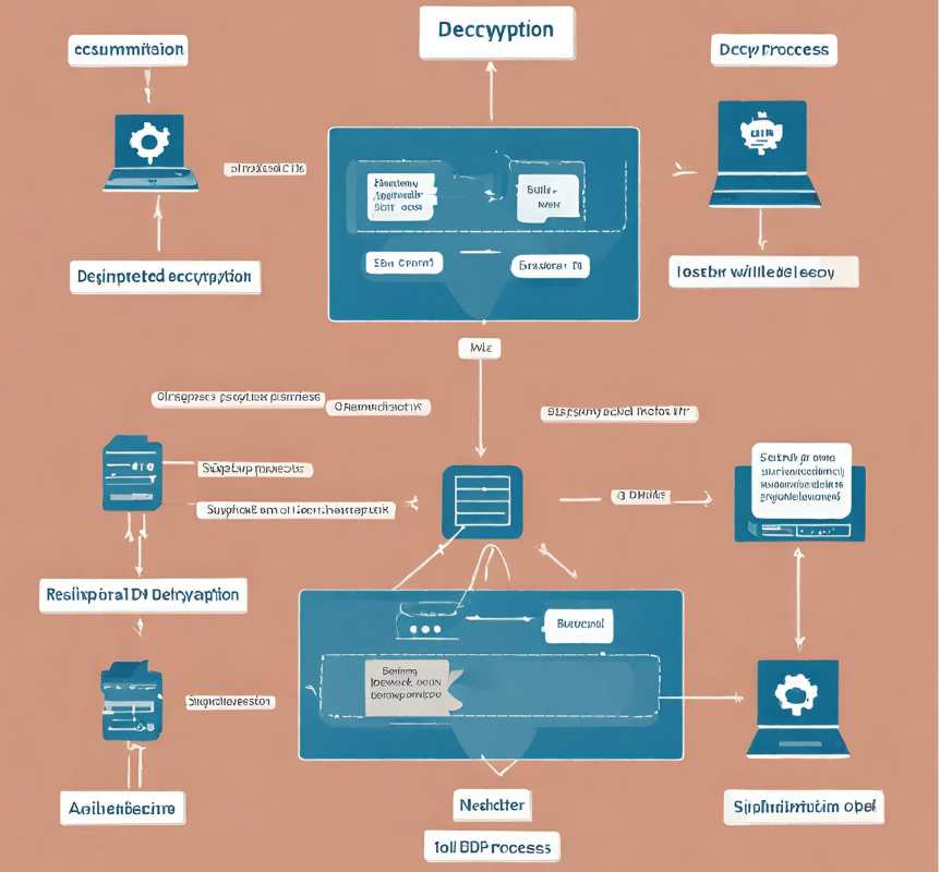 Diagram showing the decryption process with ciphertext input, algorithm, decryption key, and resulting plaintext