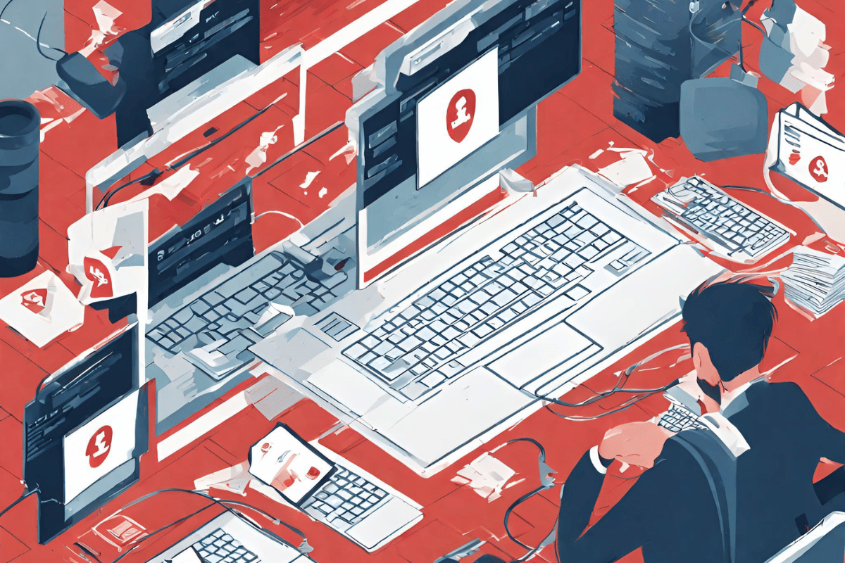 Illustration depicting the consequences of a ransomware attack: damaged reputation, financial losses, and data corruption