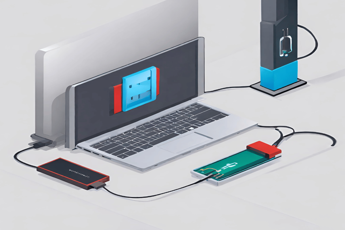 Illustration demonstrating USB blocking in action, physically preventing a USB drive from connecting to a compute