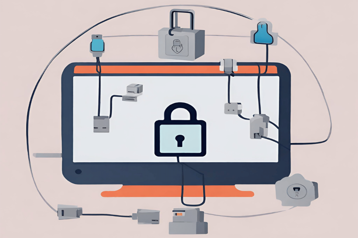 Illustration of a computer with locked USB ports symbolizing USB port blocking