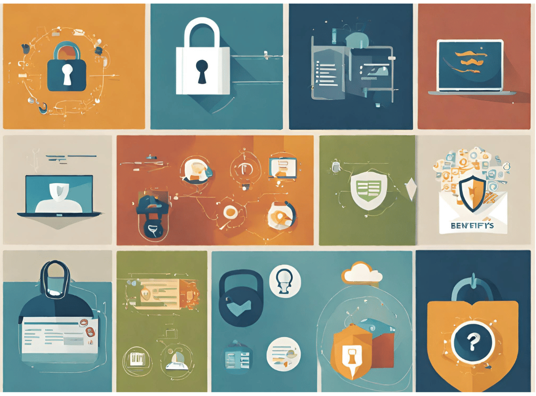 Collage of icons representing the benefits of encryption, including data security, privacy protection, secure transactions, compliance, and protection against identity theft