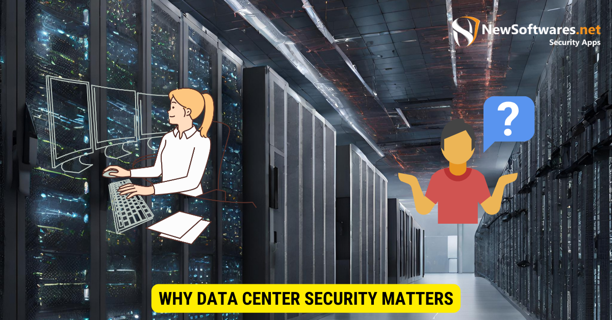 An illustration of a state-of-the-art data center facility with emphasis on security infrastructure, highlighting the significance of data center security.