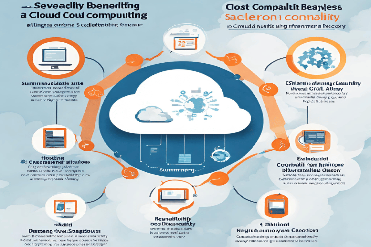Illustration summarizing key benefits of cloud computing, including cost-efficiency, scalability, flexibility, security, and disaster recovery