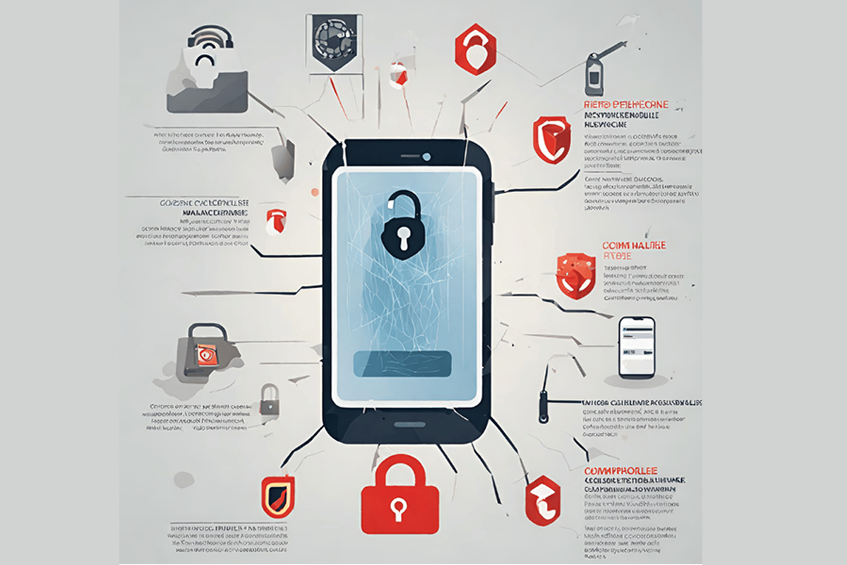 Visual representation of common cellphone vulnerabilities including a cracked lock, malware symbol, and phishing email