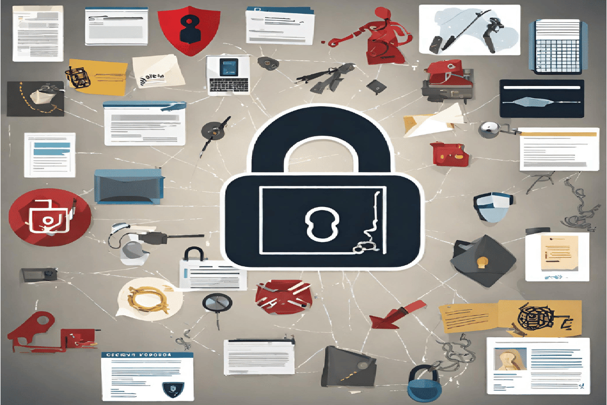 Collage of Cyber Threats: Hacker symbol, phishing email, and a ransom note lock, illustrating cybersecurity issues