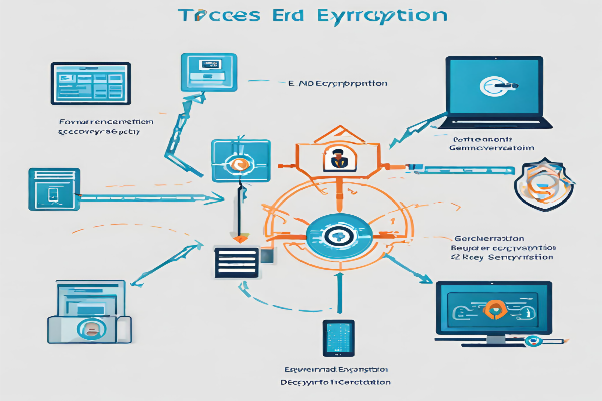 "Illustration depicting the process of End-to-End Encryption (E2E) with key generation, data encryption, secure transmission, decryption, encryption algorithms, key management, and forward secrecy
