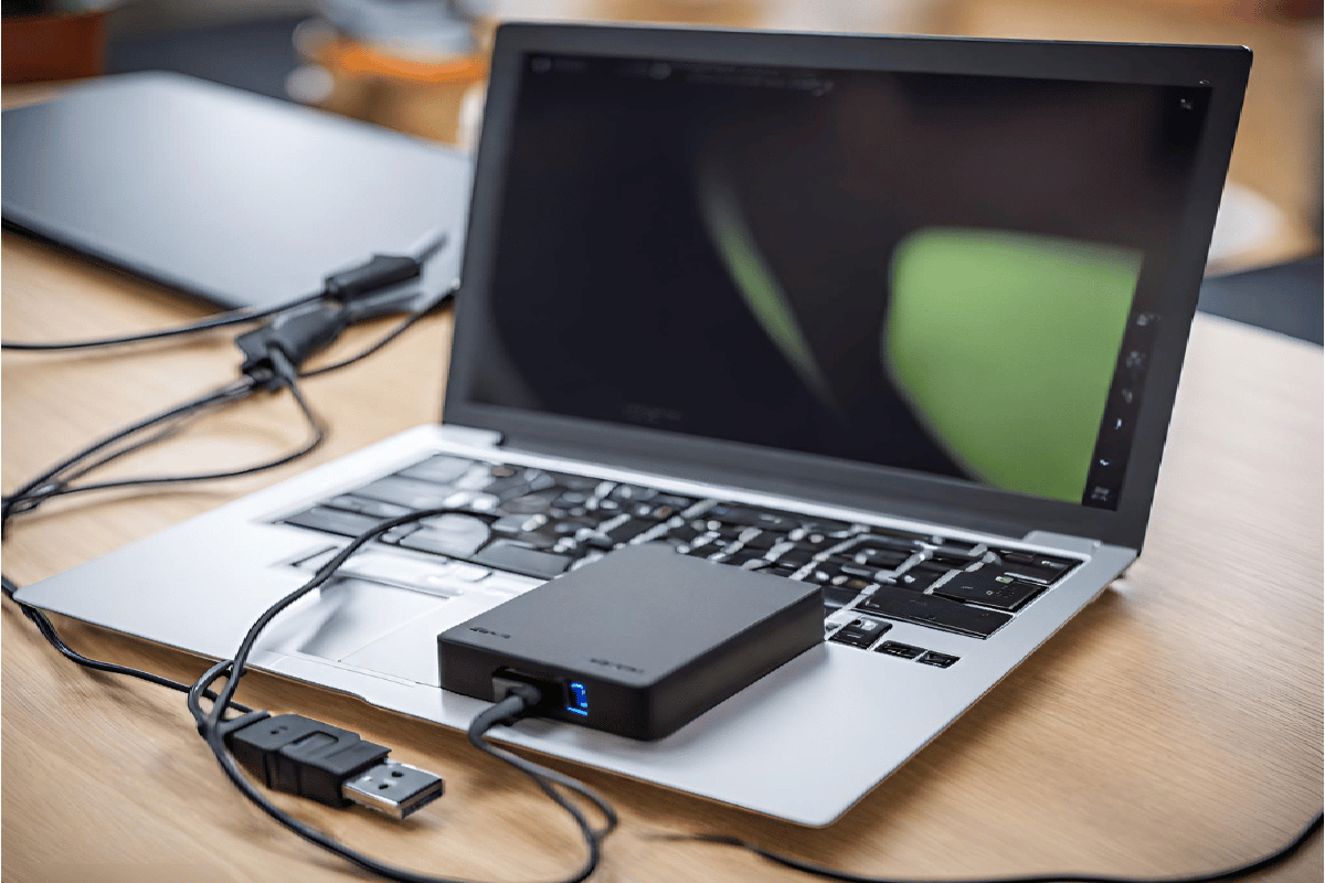 External HDD connected to a laptop via USB cable