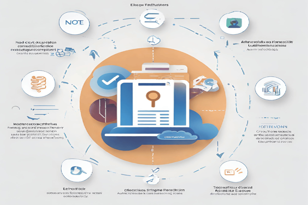 An image illustrating the key features of Notes Lock, including strong encryption, biometric authentication, cloud integration, cross-platform compatibility, effortless note creation, to-do lists with reminders, organizational options, audio recording capability, and photo integration for creative note-taking