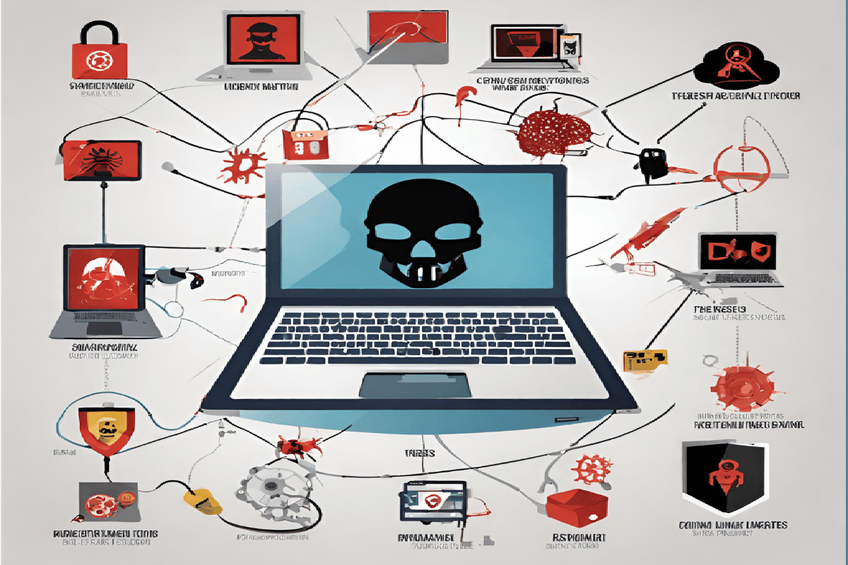 Illustration of common online threats including malware, phishing, ransomware, and DDoS attacks