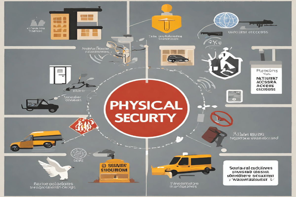 Image depicting a graphic illustrating physical security threats, including unauthorized access, burglaries, vandalism, and natural disasters