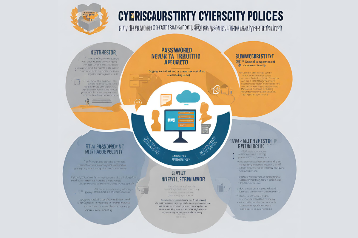 Infographic summarizing cybersecurity steps: Password policies, multi-factor authentication, network security, and employee training