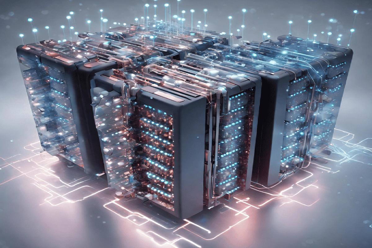 An abstract representation of quantum data storage, illustrating its potential for speed, security, and high capacity, along with associated challenges