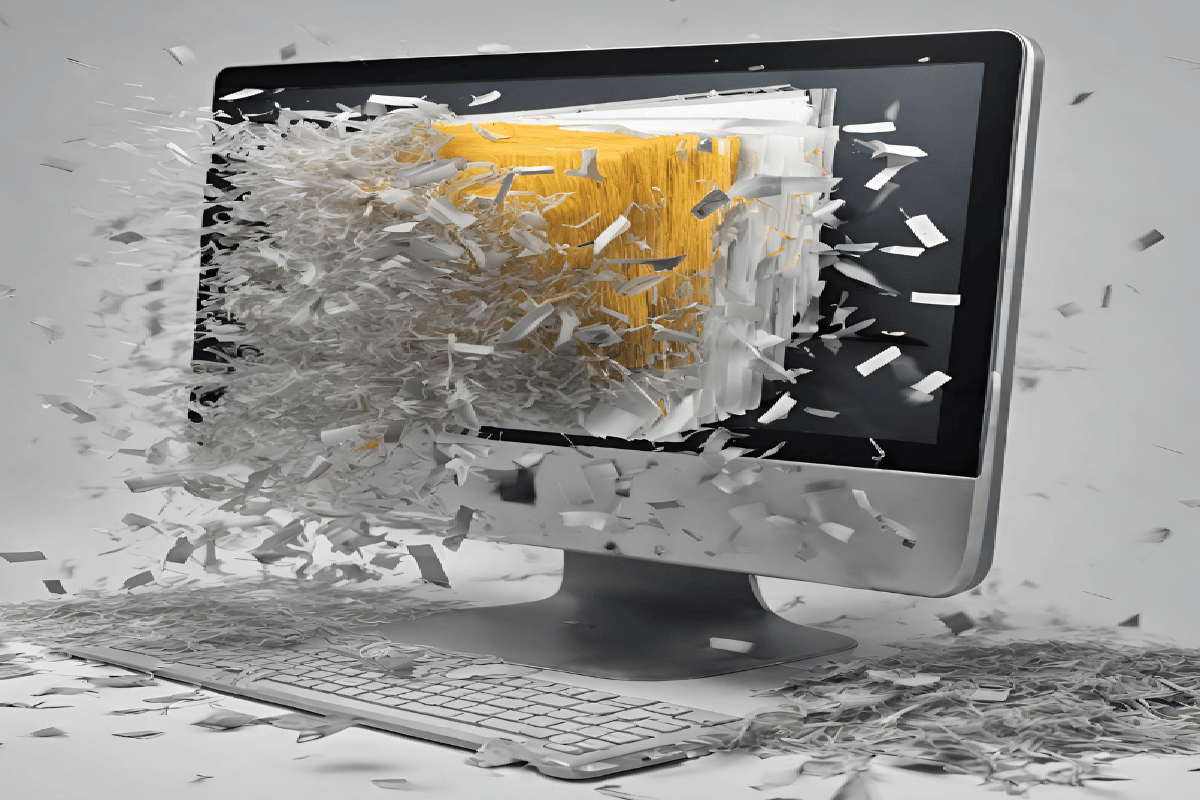 Illustration of a computer screen with digital files being shredded