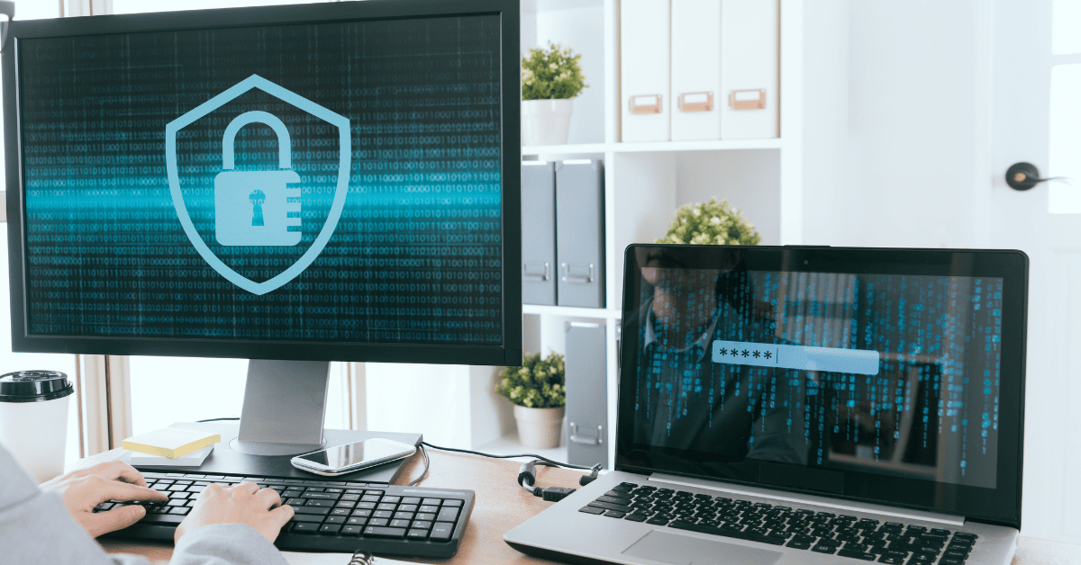 Image of a computer screens showing a password field and an encryption key with a lock symbol to represent password protection and data encryption