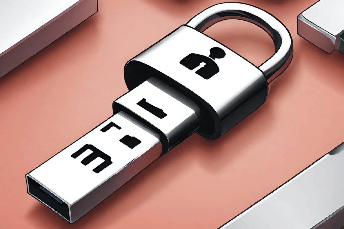 Illustration of a USB flash drive with a lock symbol, representing password protection for USB memory