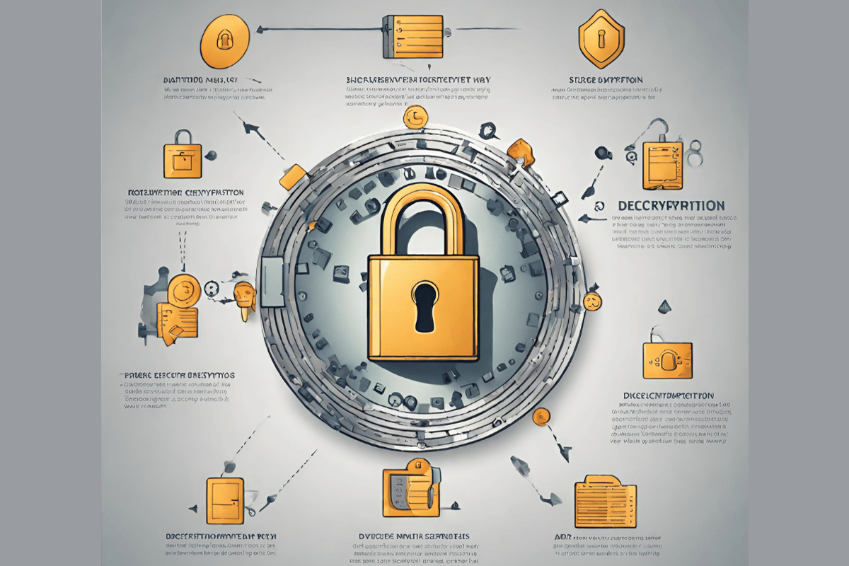 Diagram illustrating the process of data encryption and decryption with a lock and key concept