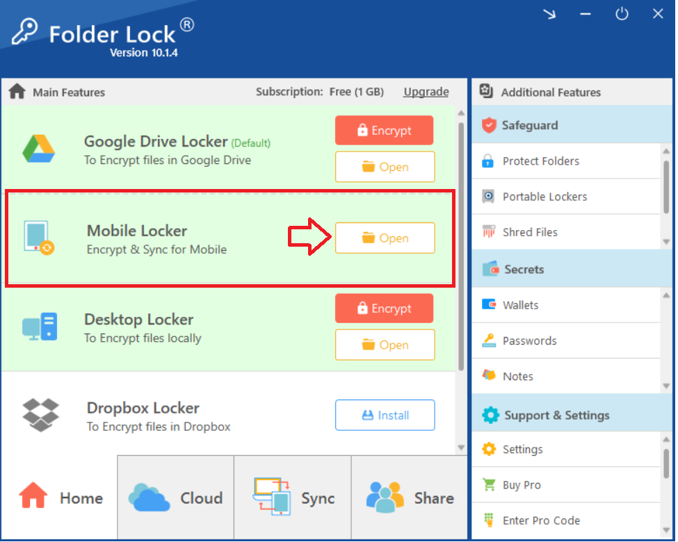 Folder Lock's main features display, showing "Google Drive Locker" as default, and the "Mobile Locker" with an "Open" button for accessing synced files from NewSoftwares.net.