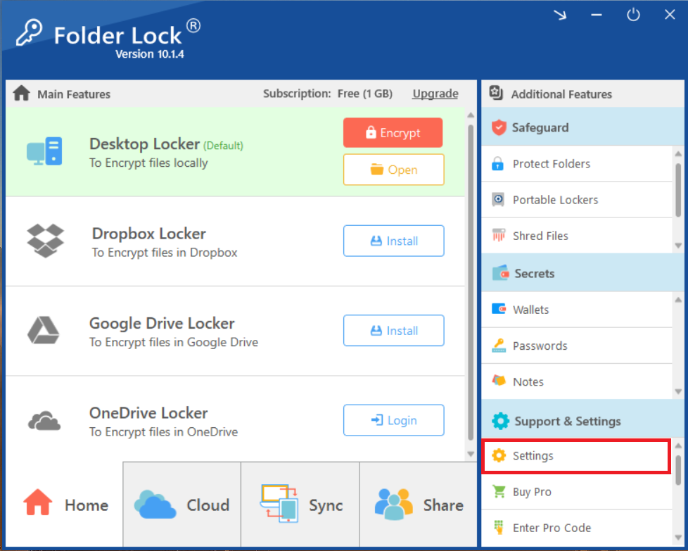 click on settings Folder Lock desktop