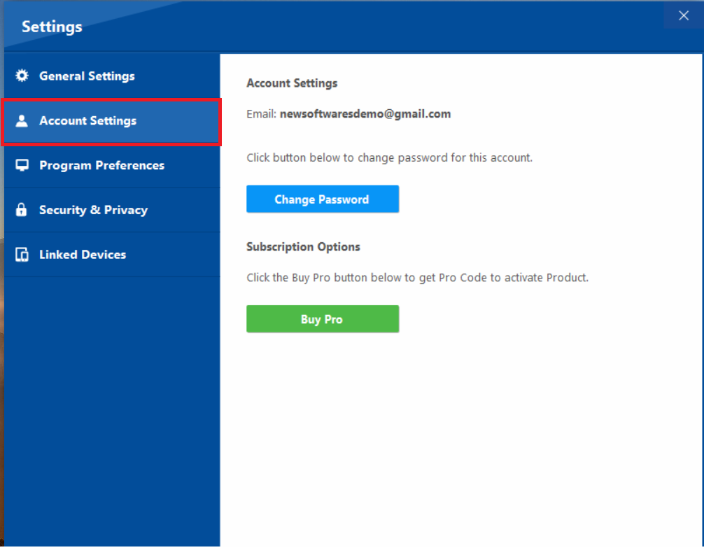 The Account Settings tab in Folder Lock, showing options to change the account password and manage the product subscription.