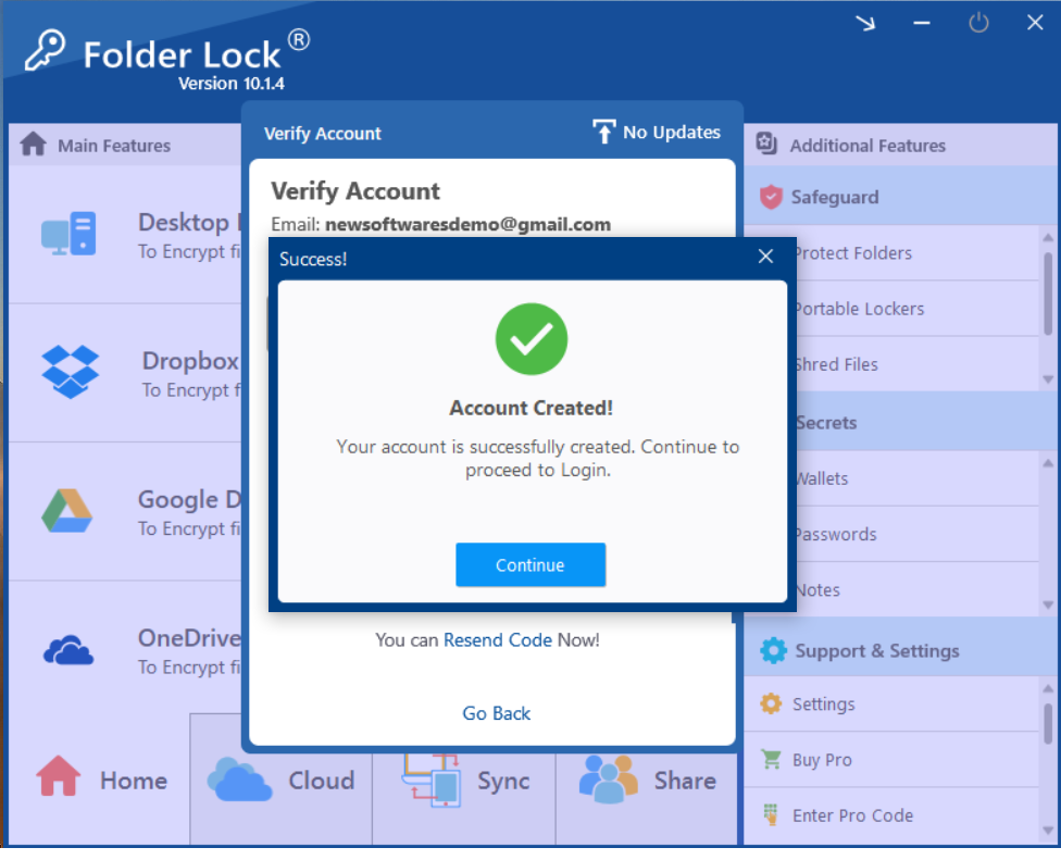 Account Sucessfully Created Folder Lock 10