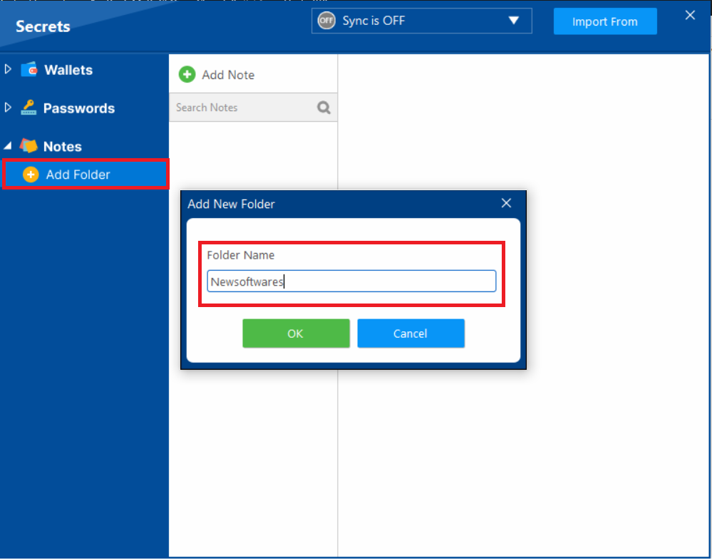 Creating a new folder to organize secure notes in Folder Lock, showing the 'Add New Folder' pop-up where a name of Folder is being typed.