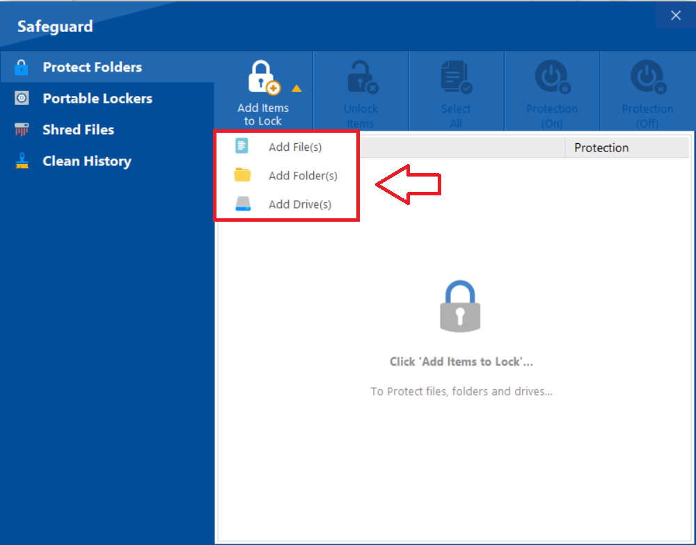 Folder Lock Protect Folders interface, showing a dropdown menu with options to "Add File(s)," "Add Folder(s)," or "Add Drive(s)" to be securely hidden.