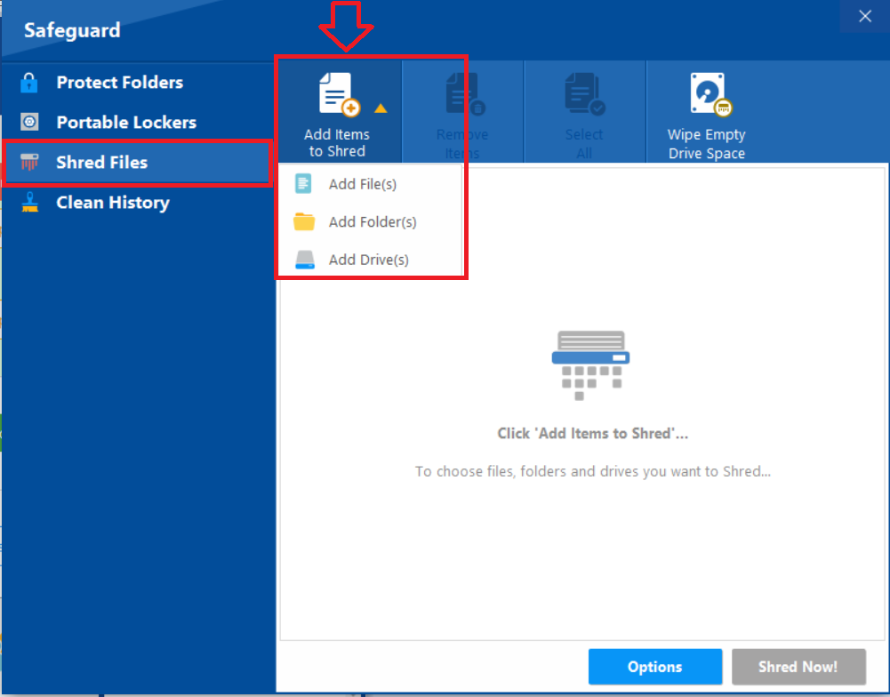 Folder Lock "Shred Files" interface, with a red arrow pointing to the "Add Items to Shred" button, and a dropdown showing options to add files, folders, or drives for secure shredding.