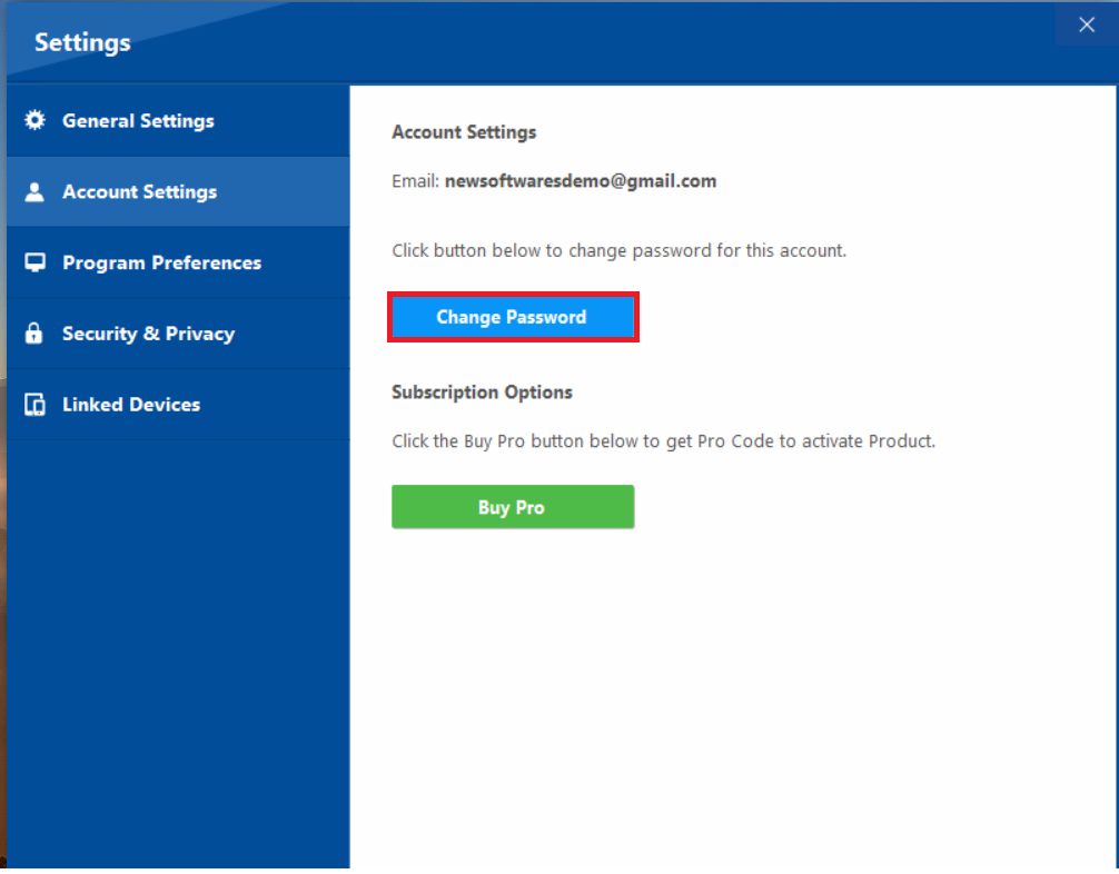 Clicking the 'Change Password' button within the Folder Lock Account Settings to initiate the password update.
