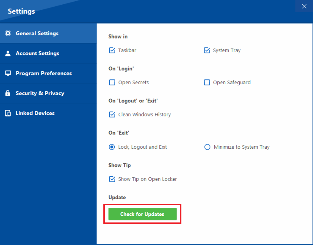 Folder Lock settings with "Check for Updates" button highlighted.