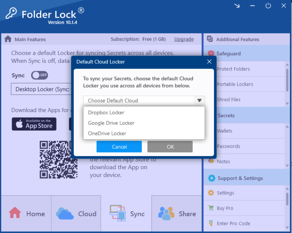 Folder Lock Sync settings pop-up, showing "Default Cloud Locker" options with a dropdown displaying Dropbox, Google Drive, and OneDrive lockers to choose for NewSoftwares.net sync.