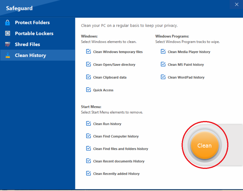 nitiating the cleanup process by clicking the prominent 'Clean' button in Folder Lock's Clean History feature.