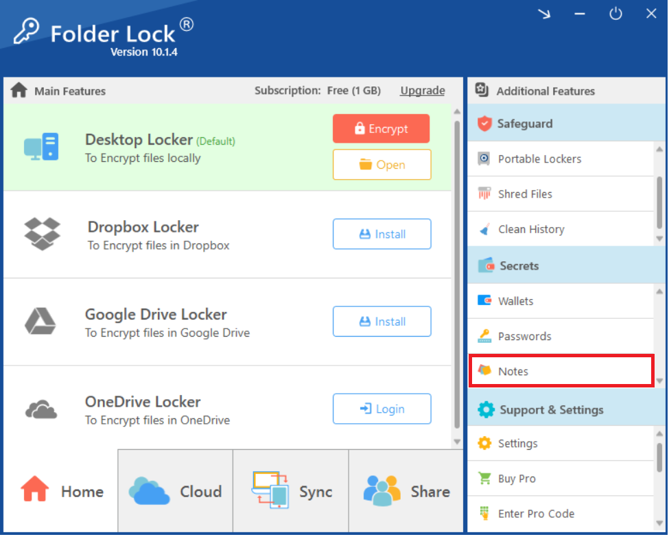 Selecting the secure 'Notes' feature, highlighted under the main Secrets menu in the Folder Lock application.
