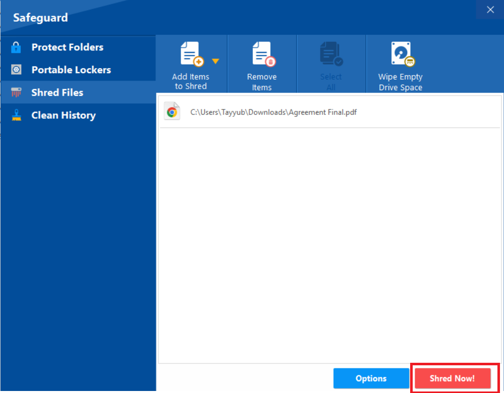 Folder Lock's main interface, with a red box and arrow highlighting the "Shred Files" option under the "Safeguard" section in the right sidebar.