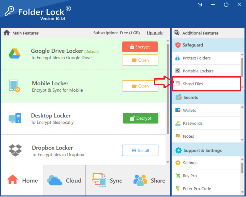 Folder Lock "Shred Files" interface in the Safeguard section, showing a file added for shredding and a red box highlighting the "Shred Now!" button to initiate permanent deletion.