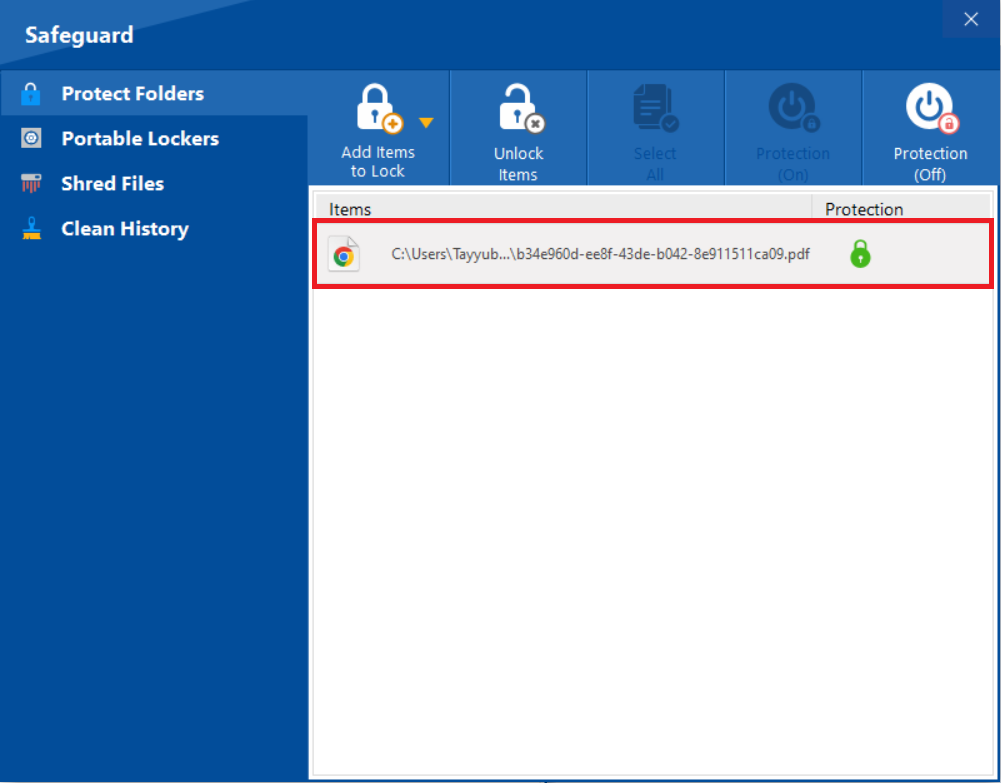 Folder Lock Protect Folders list, with a red box highlighting a protected file that has been selected, in preparation for unlocking or unprotecting the item.