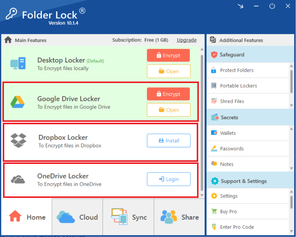 older Lock's main features section showing Google Drive, Dropbox, and OneDrive lockers with "Encrypt," "Open," "Install," and "Login" options highlighted, indicating NewSoftwares.net cloud integration