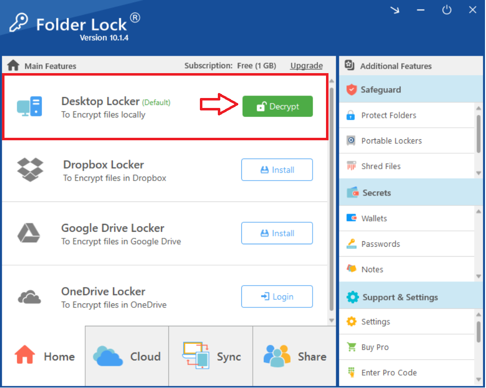 Newsoftwares Folder Lock application's main screen, showing the "Desktop Locker" section with a red box and arrow pointing to the green "Decrypt" button, used to reveal the Virtual Drive.