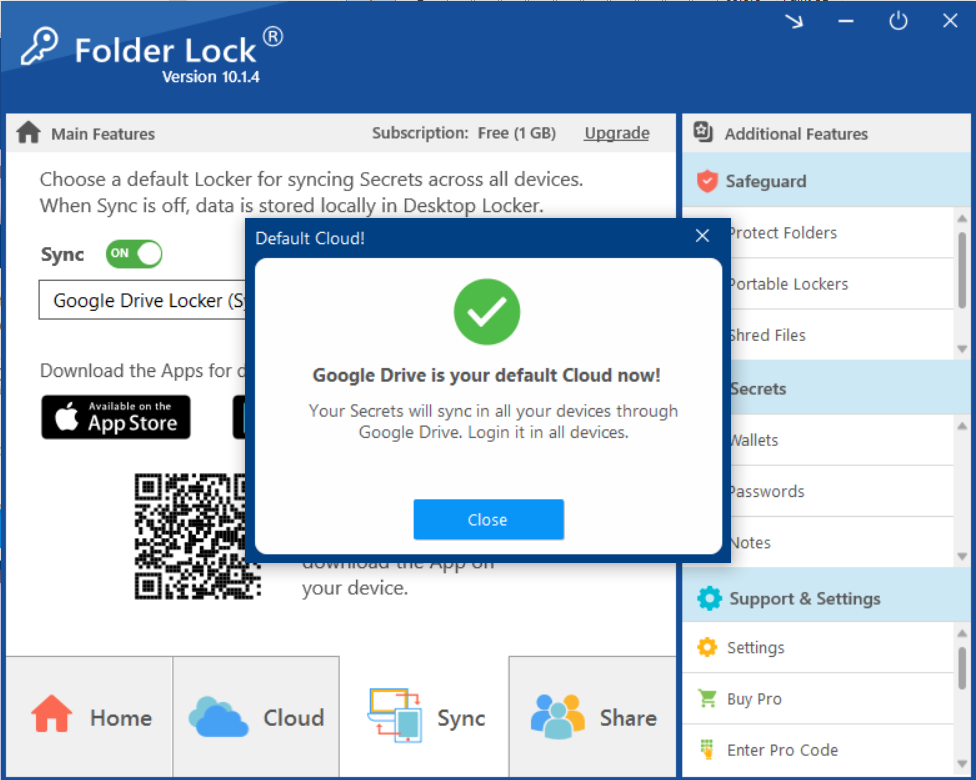 Folder Lock pop-up confirming "Google Drive is your default Cloud now!" for syncing Secrets across devices, indicating successful NewSoftwares.net sync setup.